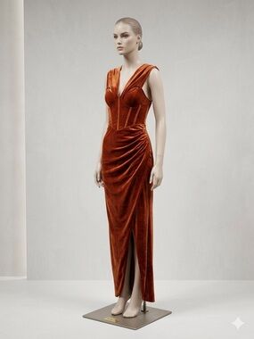 SHEIN Burnt Orange Velvet Draped Corset Maxi Dress